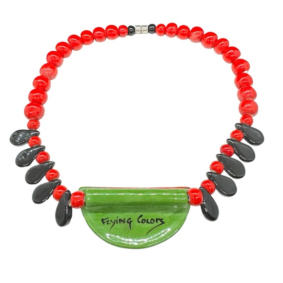 Signed Flying Colors & Book Piece Ceramic Bead & Watermelon Seed Slice Necklace - Picture 4 of 8